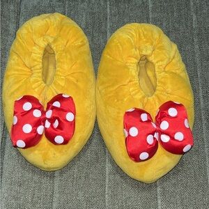 Yellow Plush Kids One-Piece Slippers with Red Polka Dot Bows